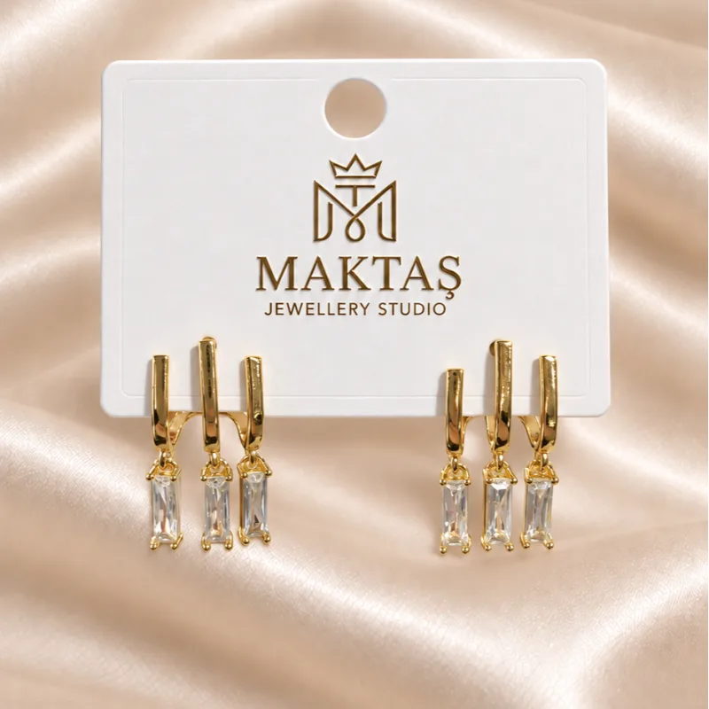 Üç Taşlı Gold Küpe
